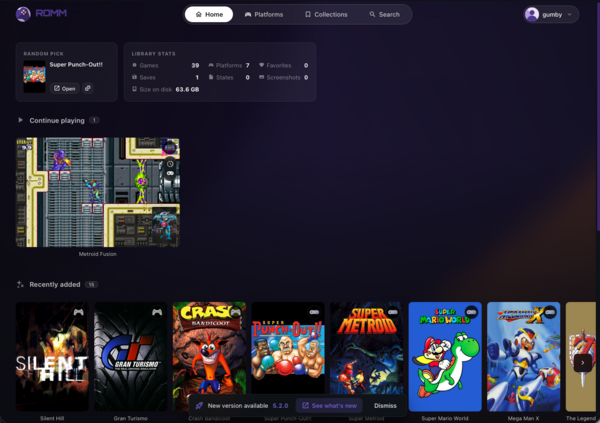 ROMM home screen with platform library